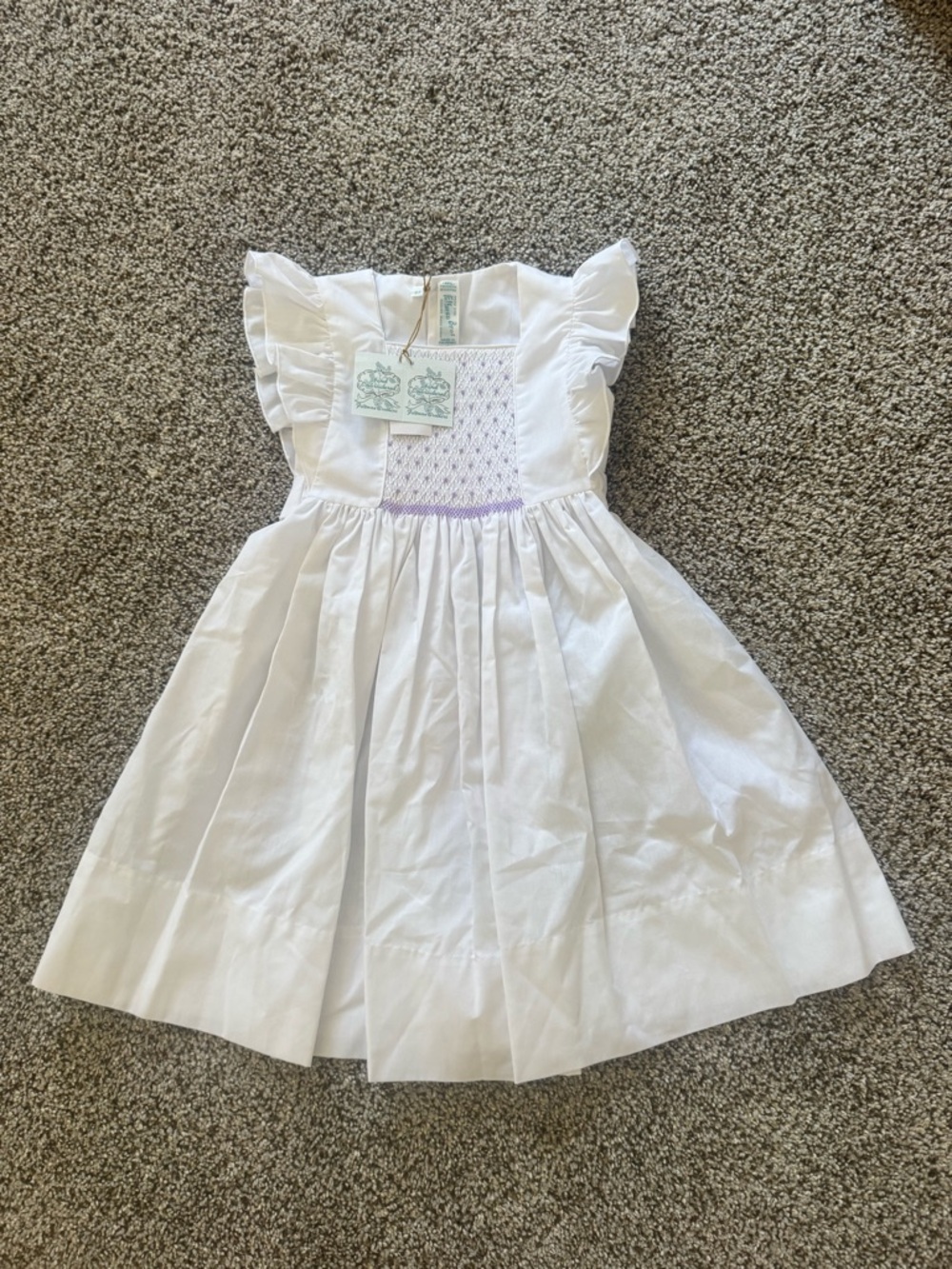 Feltman Bros White Smocked Ruffle Sleeve Girls' Dress with Lavender Detail